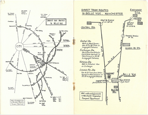 Directions and transport information for Belle Vue as featured in the 1944-1945 Hallé season prospectus
