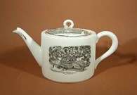 Teapot, hard paste porcelain, decorated with black transfer-printed scenes from Belle Vue Zoological Gardens; Flower Garden, Monkey House and Bear Pits